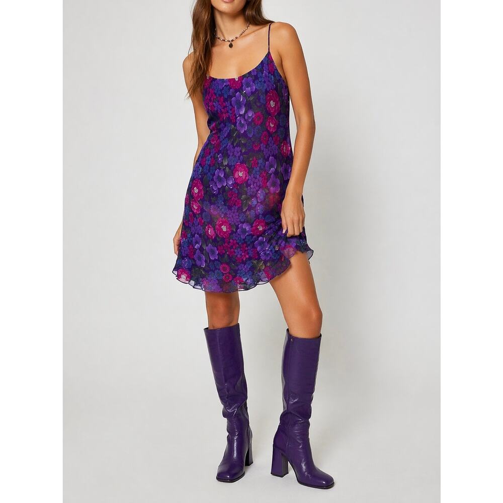 Vintage 90’s Floral Slip Dress Spaghetti Strap Ruffle Midi Boho Byer Too Purple